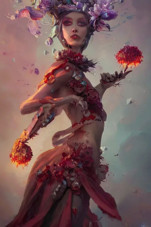 Prompt: beautiful girl necromancer covered with blood exploding crystals, 3 d render, hyper realistic detailed portrait, holding magic flowers, scifi, fantasy, hyper detailed, octane render, concept art, peter mohrbacher, artgerm, ruan jia, wlop