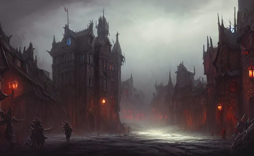 Prompt: extreme long shot concept art depicted old english majestic town, dramatic mood, overcast mood, dark fantasy environment, art by legends of runeterra and league of legends and arcane, art by tony sart, trending on artstation, unreal engine