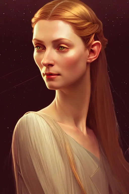 Image similar to a portrait of galadriel, fantasy, sharp focus, intricate, elegant, digital painting, artstation, matte, highly detailed, concept art, illustration, ambient lighting, art by ilya kuvshinov, artgerm, alphonse mucha, and greg rutkowski