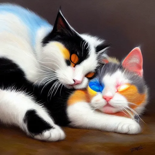 Image similar to a black and white cat and a tri-color calico cat sleeping peacefully together in cat heaven, puffy clouds, dreamy, painted by Tyler Edlin, very very very very crispy