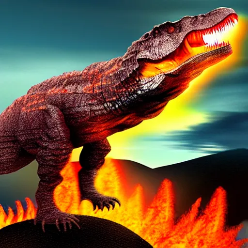 Image similar to Tyrannosaurus Rex jumping into volcano, lava erupting, fire, reddish sky, hyper realistic