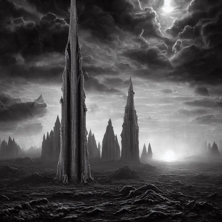 Image similar to surreal tall ancient alien abandoned ribbed spire spinal temple on exoplanet, wrecked technology, dark clouds, surreal abandoned buildings, dream-like heavy atmosphere, baroque painting, beautiful detailed intricate insanely detailed octane render trending on Artstation, 8K artistic photography, photorealistic, dramatic volumetric cinematic light, chiaroscuro, award-winning photograph, masterpiece, Raphael, Caravaggio, Beksinski, Giger