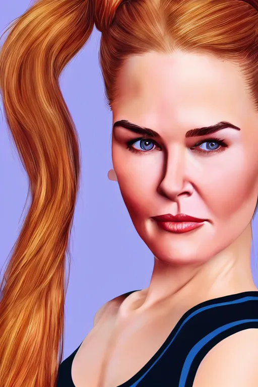 Image similar to mix of beautiful young maria shriver, mariel hemmingway, brooke shields, nicole kidman and elle macpherson as a zumba instructor, thin lips, hair tied up in a pony tail, dark blonde hair, colorful, artstation, cgsociety