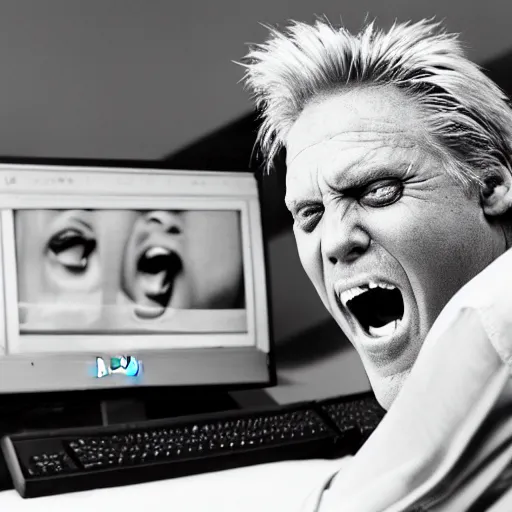 Image similar to gary busey screaming at a desktop computer in 1 9 9 9, ( sony a 7 r iv, symmetric balance, polarizing filter, photolab, lightroom, 4 k, dolby vision, photography awardm, voque, perfect face )