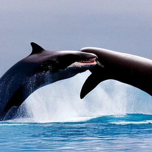 Image similar to A humanoid orca whale and great white shark boxing in a ring