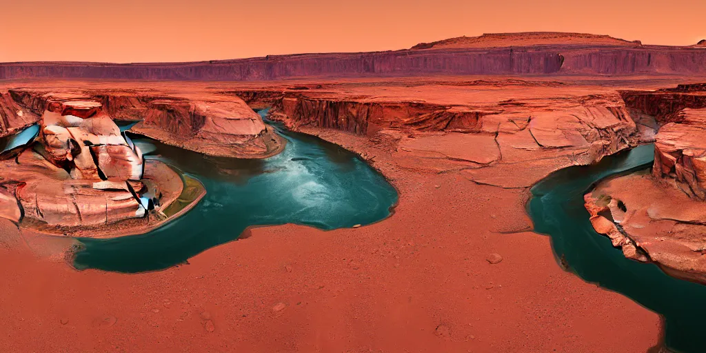Prompt: a ground - level view of a river bend running through a canyon surrounded by desert mountains at sunset on mars, planet mars, moab, utah, a tilt shift photo by frederic church, trending on unsplash, hudson river school, photo taken with provia, national geographic photo