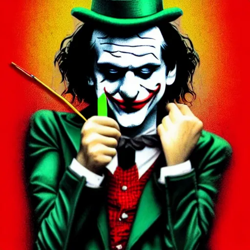 Image similar to ilya yefimovich repin and mimmo rottela and banksy as joaquin phoenix skinny joker, holding hand, lady gaga harley queen, ultra photorealistic, intricate details, pop art style, concept art, confident posse, random object details, 2 colours, warm color, 4 k, ultra smooth, sharp focus