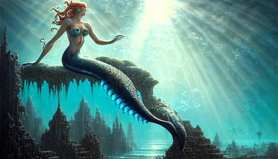 Prompt: a graceful mermaid looking at the sunken city of Atlantis under water, rays of sunlight, stunning undersea intricate detailed grand architecture in the style of Joe Fenton, art style by Greg Rutkowski and Mohrbacher, deep underwater scene, dark and moody, faint volumetric god rays, grim crushing atmosphere, trending on artstation, masterpiece, claustrophobic