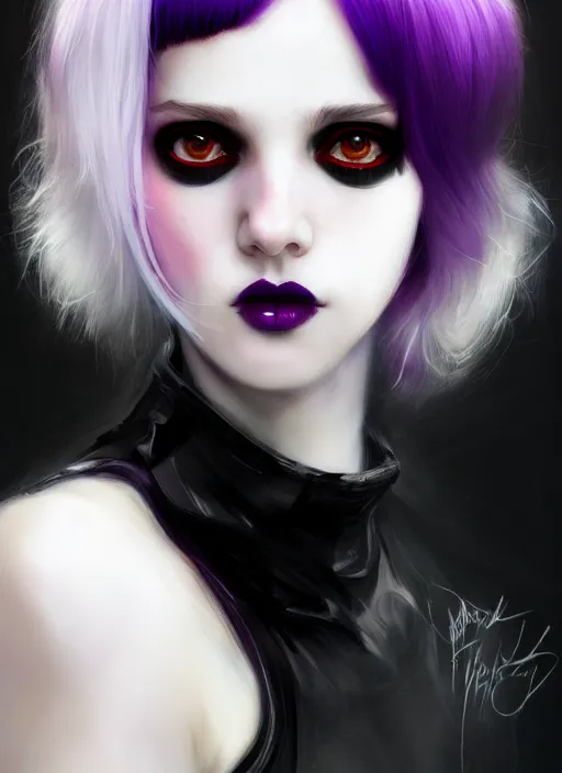 Image similar to portrait of white teenage girl, normal face, black bangs, mall goth, cyberlox, black and white hair, bangs, fluffy bangs, red contact lenses, purple lipstick, intricate, elegant, highly detailed, digital painting, artstation, concept art, sharp focus, smooth, illustration, art by wlop, mars ravelo and greg rutkowski