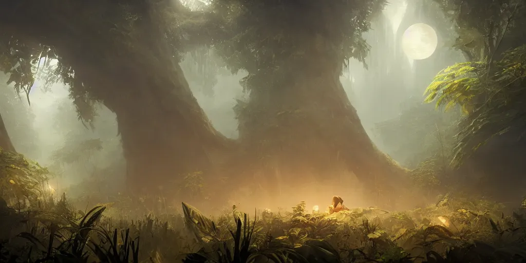 Image similar to Jungles sleeping unbroken dreams under the ivory light of two moons, Darek Zabrocki, Marcin Rubinkowski, Lorenzo Lanfranconi, Karlkka, trending on Artstation, 8K