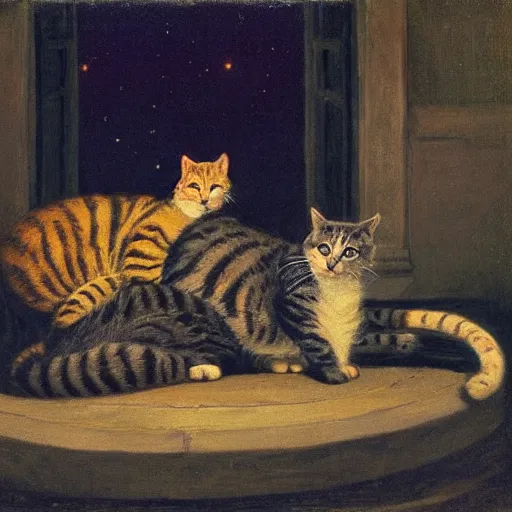 Prompt: meeting of the cats, nighttime, artwork by Frederic Edwin