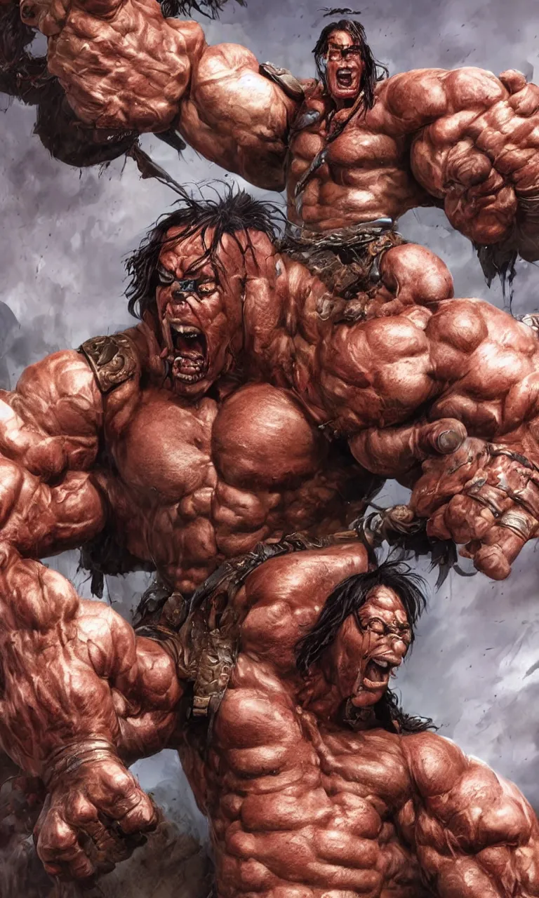 Image similar to hyper realistic digital painting of arnold swartzeneger as hyper muscular conan the digital slayer by simon bisley, dale keown and greg rutkowski, vivid color scheme, unreal engine 5