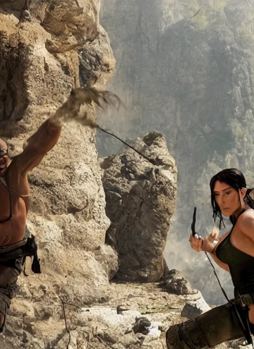 Image similar to movie still of kim kardashian as lara croft in the movie tomb raider