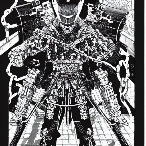 Prompt: samurai cyberpunk under a full moon wrapped in chains ,ink art In the style of Moebius drawing
