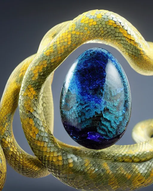 Prompt: a photo of a sculpture of a snake made from blue and emerald and amethyst crystal geode formations encircling a marble egg on a base of obsidian made with liquid gold tendrils flowing by ellen jewett by stanisław szukalski, octane render, recursive, tendrils, elestial crystals, geode, refracted light