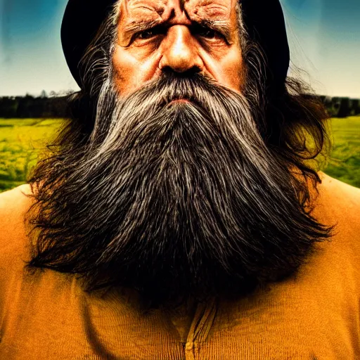 Image similar to scowling angry old wizard with a long white beard casting a spell, Tones of Black in Background, Golden Hour, Field of View, 2 Megapixels, 4-Dimensional, Masterpiece