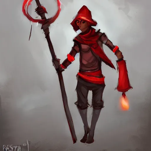 Prompt: character concept art of a young man with dark skin wearing a crimson red scarf and holding a lantern on a long stick, post apocalyptic clothing, character design