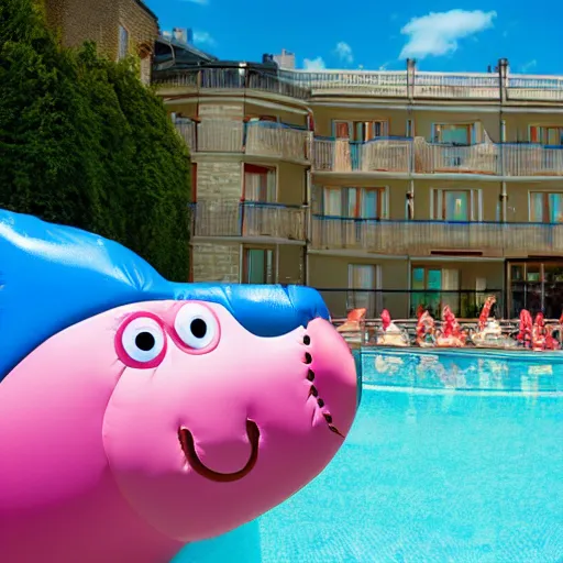 Image similar to a large inflatable float of Peppa Pig in a luxury hotel swimming pool