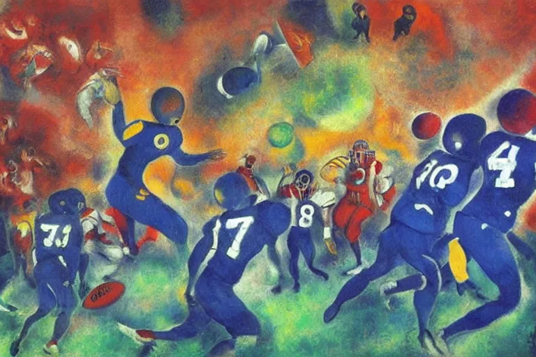 Prompt: ! dream a futuristic football game, painting by chagall, trending on artstation