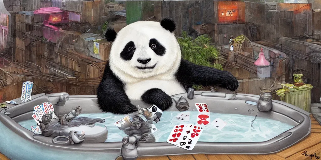 Prompt: A panda playing cards in a hot tub on a roof top, Greg Simkins