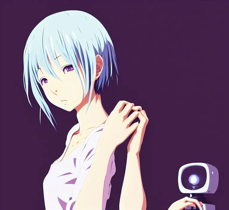 Image similar to anime visual, a young japanese woman with white hair watching tv in the living room, cute face by ilya kuvshinov, yoshinari yoh, makoto shinkai, katsura masakazu, dynamic perspective pose, detailed facial features, kyoani, rounded eyes, crisp and sharp, cel shad, anime poster, ambient light