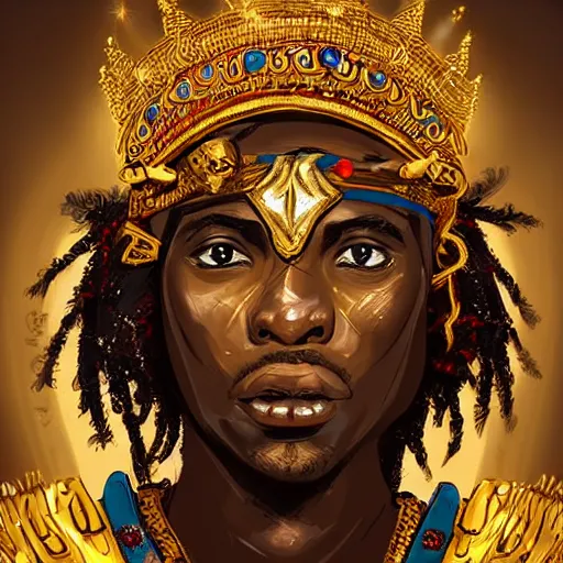 Image similar to a young black boy dressed like an african moorish warrior in gold armor and a crown with a ruby, and a very ornate glowing scimtar, for honor character digital illustration portrait design, by android jones in a psychedelic fantasy style, dramatic lighting, hero pose, wide angle dynamic portrait