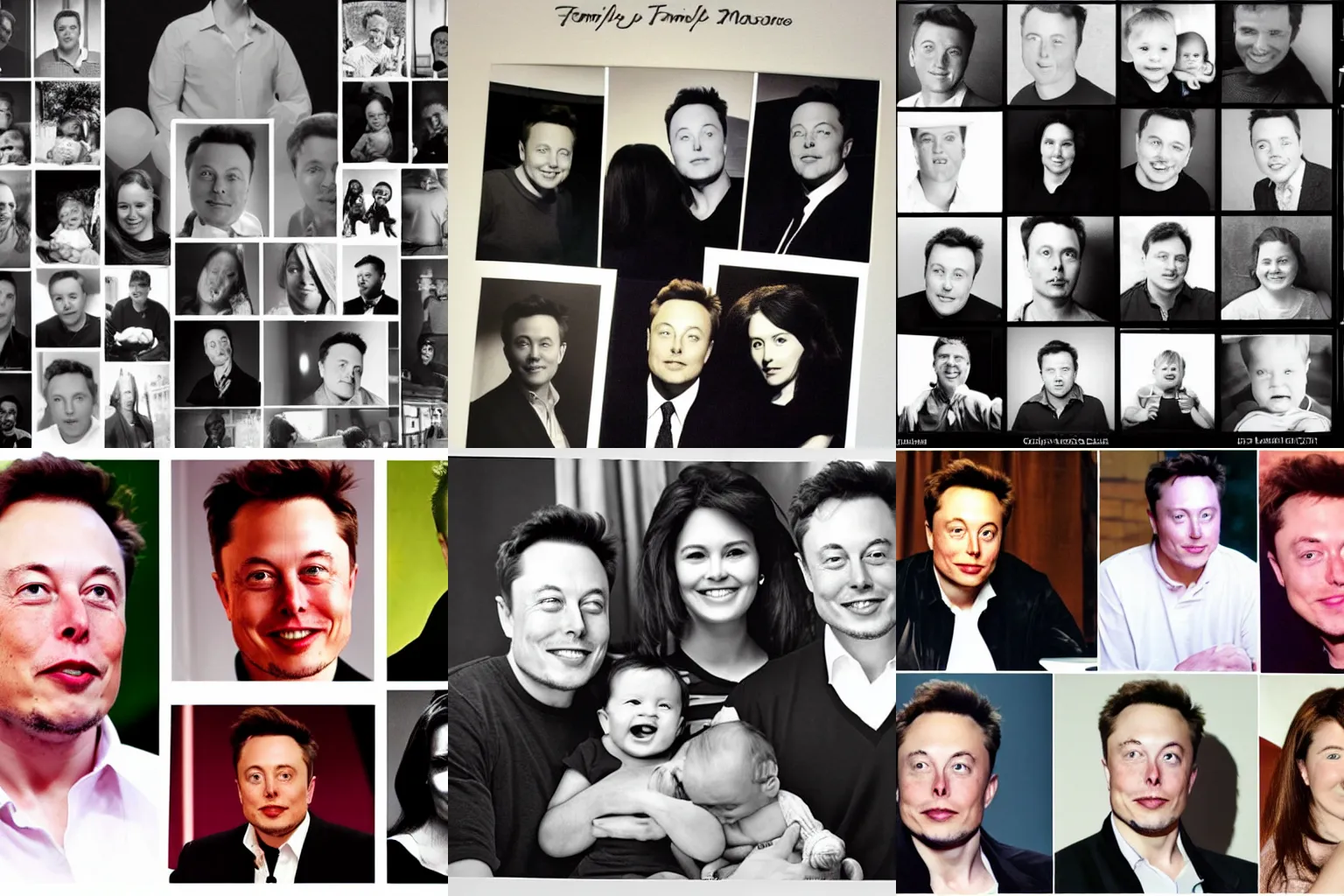 Prompt: Family photo album page of Elon Musk from baby to old man, family, wife, children, black white photos