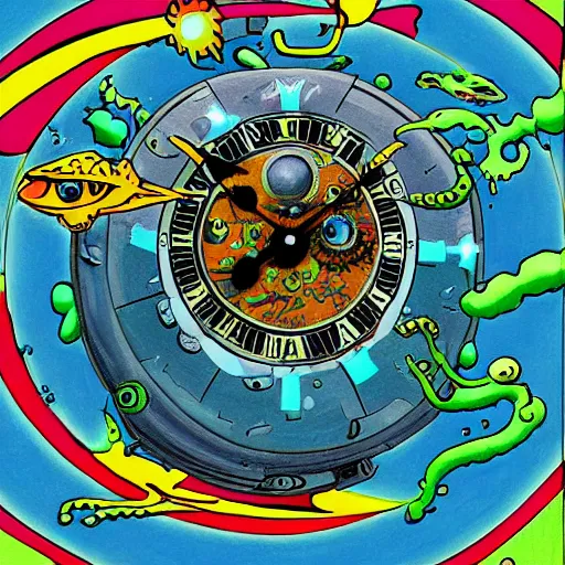 Image similar to misty deepfried hovering space sphere eel monster clock subcompact, by joe jusko and jackson pollock and georgia o'keefee, flat shading, detailed painting, seapunk