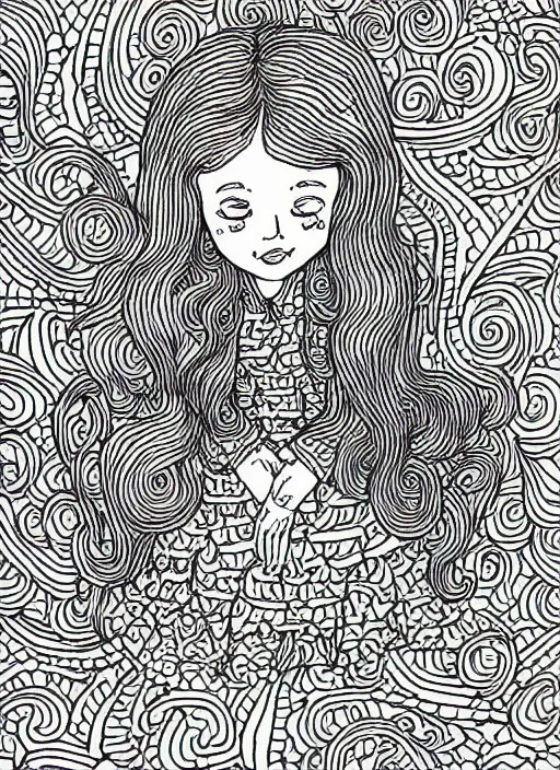 Image similar to clean simple line art of a little girl with wavy curly hair sitting on a tall pile of books. well composed, clean coloring book page, beautiful detailed face. coloring book line art by greg rutkowski and johanna basford