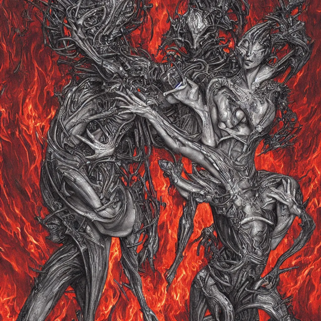 Image similar to a graceful detailed demon ballerina leaving a trail of smoke in a pool of lava by h. r. giger