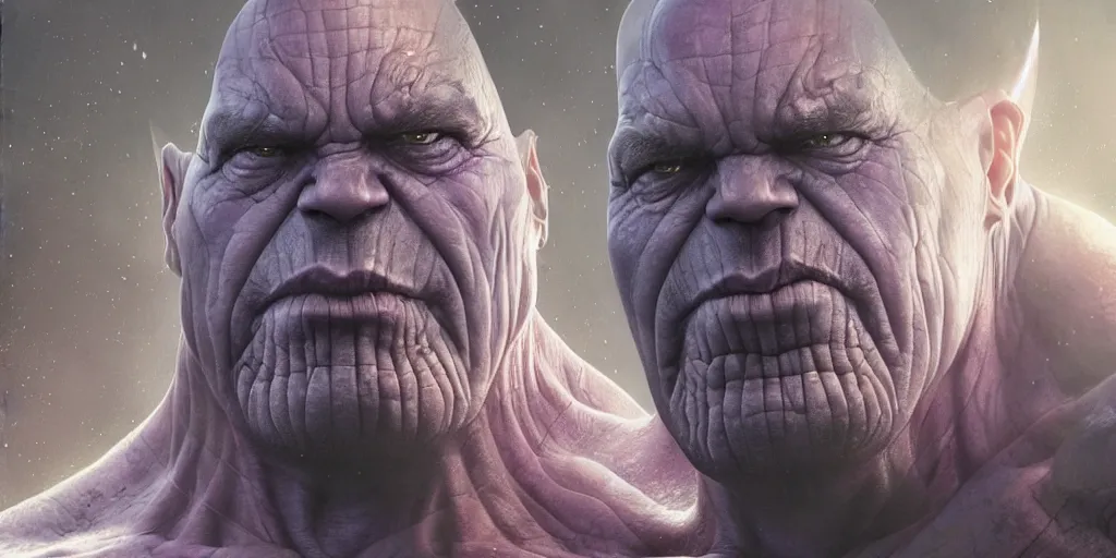 Image similar to Waya Steurbaut as thanos, marvel, dark, intricate, highly detailed, smooth, artstation, digital illustration by Ruan Jia and Mandy Jurgens and Artgerm and Wayne Barlowe and Greg Rutkowski and Zdislav Beksinski, high resolution film render 100k, photo realistic, epic, colourful close up shot