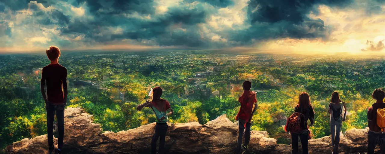 Image similar to Colorful dramatic puffy clouds, 3 Inner city teens standing on the edge of a cliff overlooking a forest, Glowing city on the horizon, matte painting, concept art, 4K