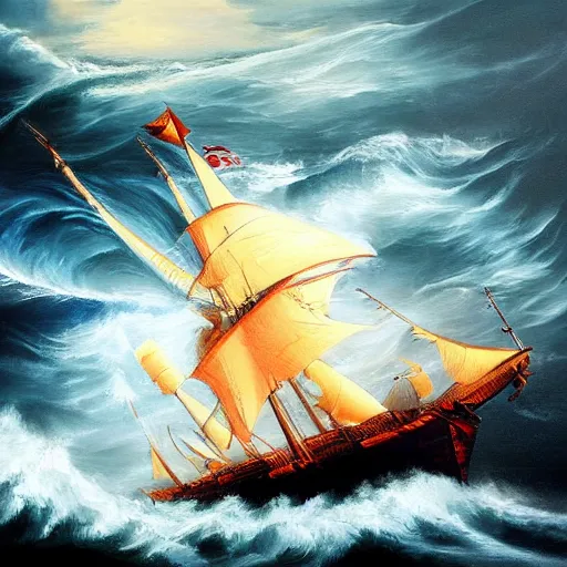 Image similar to sea storm, whirlpool!, epic painting, wooden ship, highly detailed, hd, deep colors, artstation, dark painting