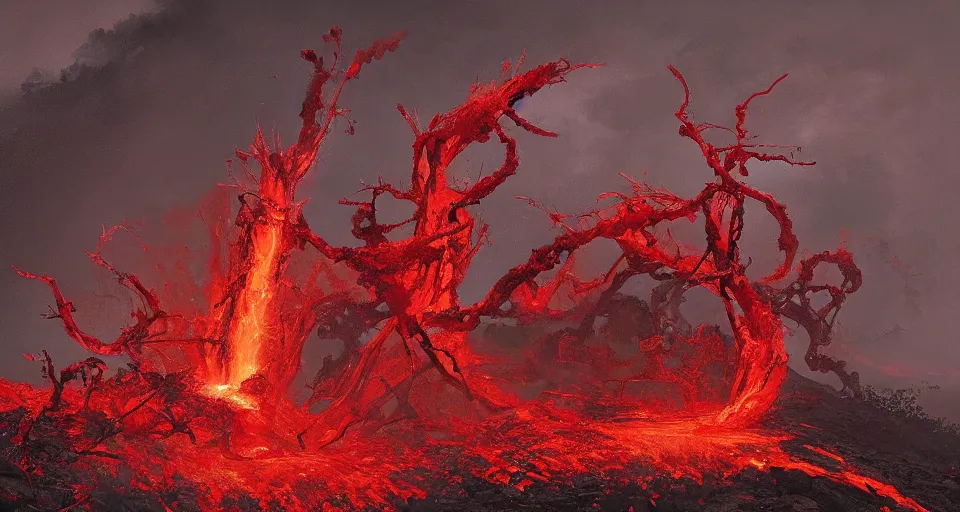 Image similar to a volcano made of ivory vines and crimson rocks enters in eruption, it spits a smoke in the shape of demonic eye, by JAKUB ROZALSKI
