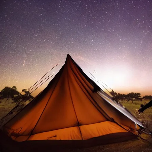 Prompt: a giant butterfly sits on a tent in the outback, its eyes sparkle in the night and silhouettes of people dance around the tent