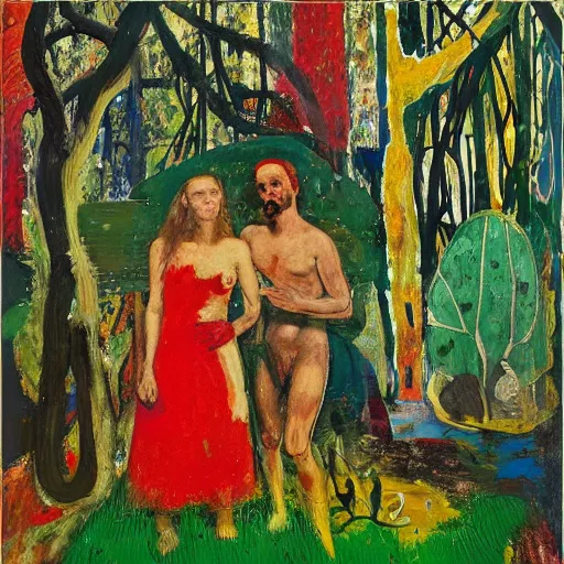 Image similar to a couple in the garden of eden, scared, painted by Asger Jorn, 8k, Peter Doig, abstract oil paint with thick brushstrokes of paint, ultra detailed, realistic, small spot of thick melting paint drips all over