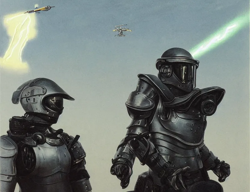 Image similar to a detailed portrait painting of futuristic soldier wearing combat armour and a reflective visor, holding a weapon, spacecraft flies in the distance. cinematic sci-fi poster. Flight suit, cloth and metal, accurate anatomy. Samurai influence, knight influence. fencing armour. portrait symmetrical and science fiction theme with lightning, aurora lighting. clouds and stars. Futurism by moebius beksinski carl spitzweg moebius and tuomas korpi. baroque elements. baroque element. intricate artwork by caravaggio. Oil painting. Trending on artstation. 8k