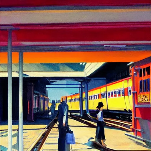 Prompt: sunrise at a graffitied city train station, painting by Syd Mead and Edward Hopper