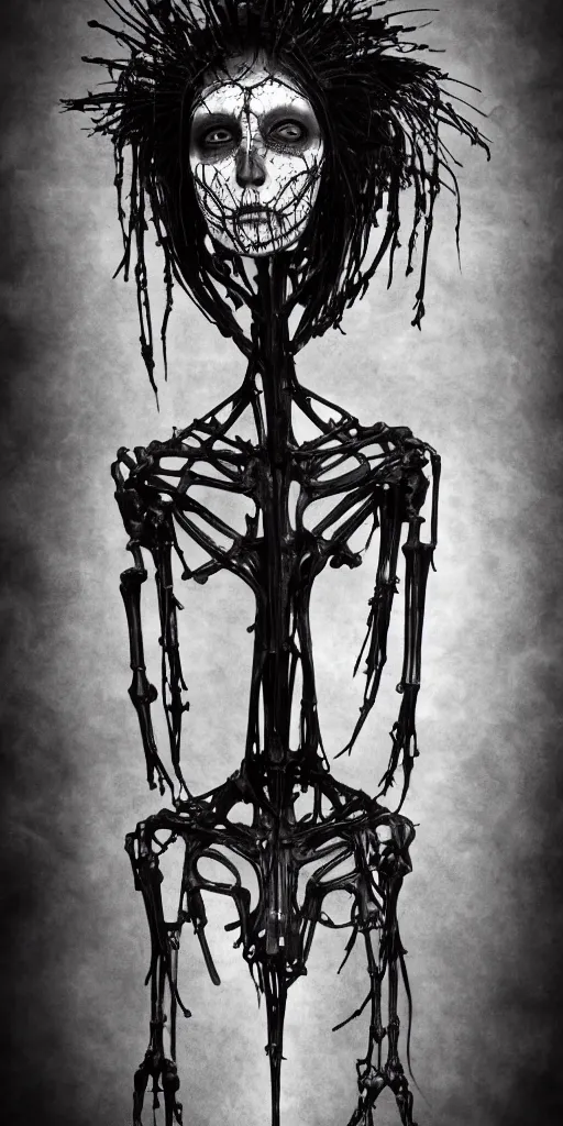 Image similar to priestess, luminous veins, style of ravens stormy sky of foreboding, dora maar and cecile beaton, occult, cinematic, robotic bust, skeletal omens, volumetric light, rim light, gothic, 8 k