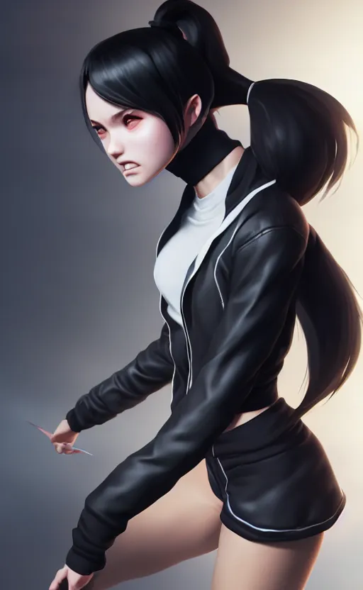 Prompt: black ponytail hair, pale woman in a black unzipped jacket, black shorts, by artgerm, beautiful render, matte painting, realistic, dynamic angle, wlop, loish, octane render, sharp focus, by greg rutkowski makoto shinkai