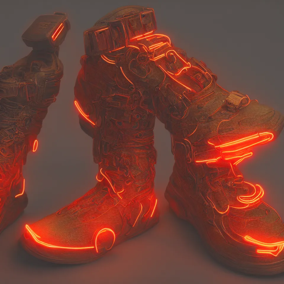 Prompt: realistic 8 k sculpture of a cyberpunk sneaker with neon illuminated rubber soles and soft orange shoelaces, beautiful studio lighting, soft, sharp focus, cyberpunk, intricate detail, gold and red accents, soft rubber, octane render, trending on artstation, deviantart, art by converse