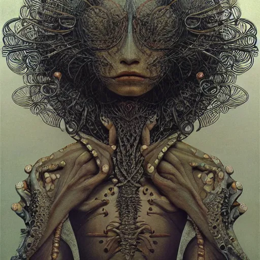 Prompt: a creature from a parallel universe by alexander mcqueen, zdzisław beksinski and alphonse mucha. highly detailed, hyper - real, very beautiful, intricate fractal details, very complex, opulent, epic, mysterious, trending on deviantart and artstation