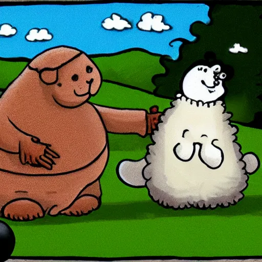 Image similar to seal tossing a ball with a sheep, cartoon