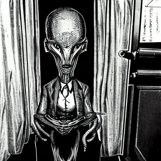 Image similar to HP Lovecraft alien sitting on the toilet. Color photograph.