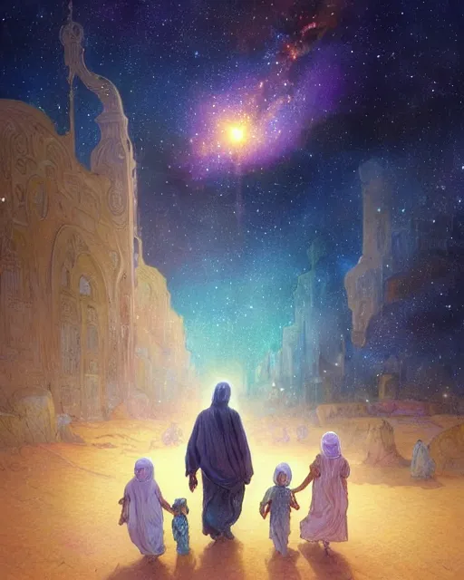 Image similar to bedouin man and woman and child in galaxy walking towards mosque surrounded by nebula, highly detailed, gold filigree, romantic storybook fantasy, soft cinematic lighting, award, disney concept art watercolor illustration by mandy jurgens and alphonse mucha and alena aenami, pastel color palette, featured on artstation