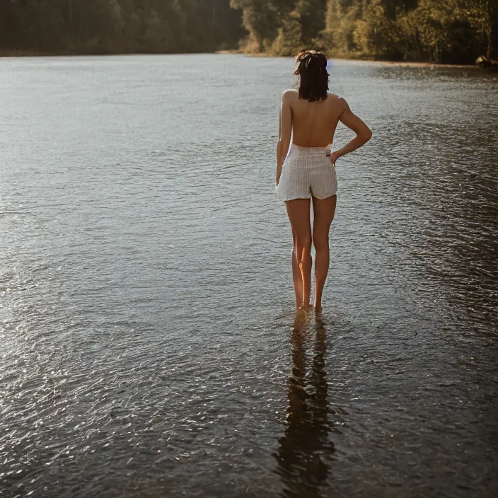 Prompt: a woman, standing in a river, backlit, wearing shorts, backlit, photo by Marat Safin, Canon EOS R3, f/1.4, ISO 200, 1/160s, 8K, RAW, unedited, symmetrical balance, in-frame