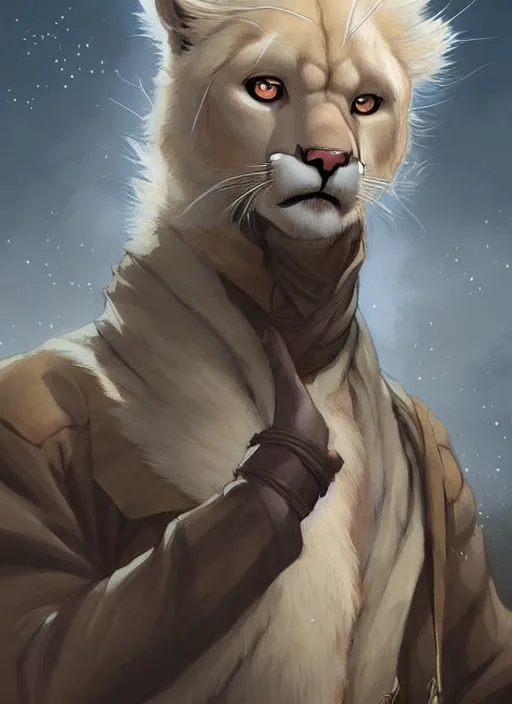 Image similar to beautiful portrait commission of a male furry anthro albino mountain lion wearing miner's clothes in the western frontier. Atmospheric. Character design by charlie bowater, ross tran, artgerm, and makoto shinkai, detailed, inked, western comic book art