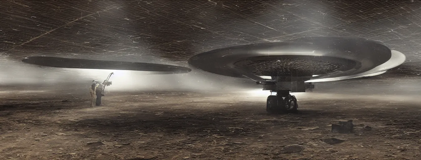 Prompt: engineer repairs secret flying saucer full of new USA military equipment in the hall of area 55, high detail, ground fog, wet reflective ground, saturated colors, by James Paick, render Unreal Engine-H 704