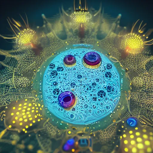 Image similar to cardboard camera, floating, extreme closeup, rbc, radiolaria, protophyta, micro - organisms, center frame, symmetric, rim light, marine microbiology, bioluminescence, electric, fur, soft, concept art, intricate details, highly detailed, colorful, photorealistic, disney pixar, octane render, iridescent, anime, 8 k