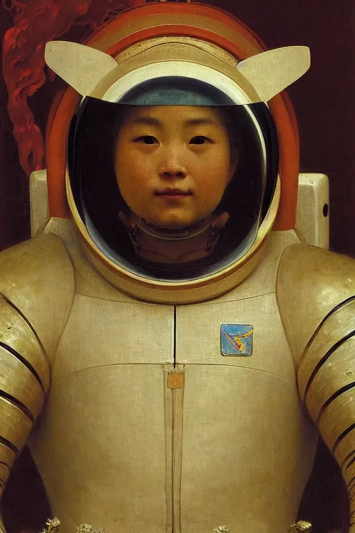 Image similar to portrait of a astronaut is a chinese dragon in armor and helmet, majestic, solemn, by bouguereau